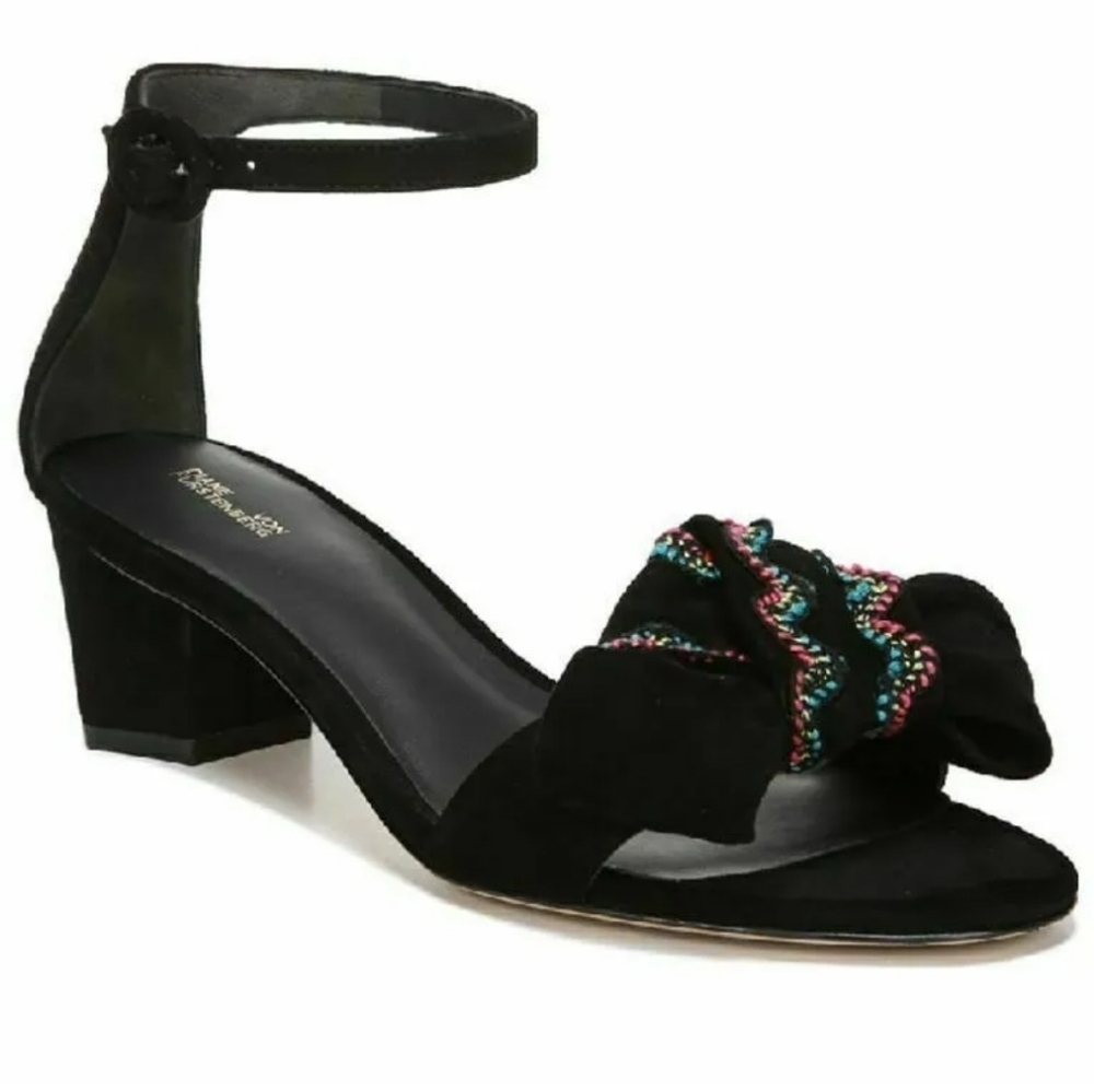 DVF Jo Lace Suede Block Sandals Black Embroidered Slide Heels Size 5 Designer